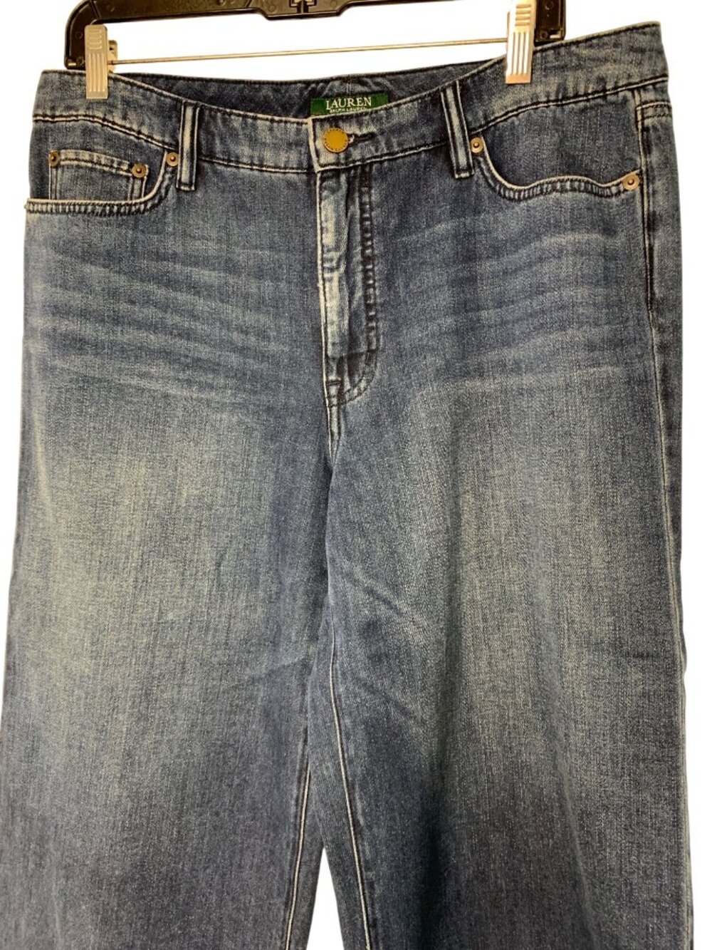 Lauren Ralph Lauren Womens Wide Leg Crop Jeans Size 12 Raw Hem Blue Denim EUC - Picture 3 of 7